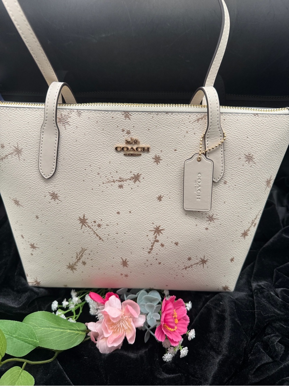 COACH White Star Print Leather Fiona Tote Bag